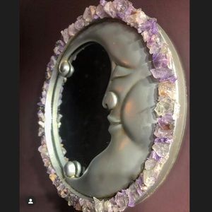 Hand Made Amethyst Crystal Vintage Moon Mirror